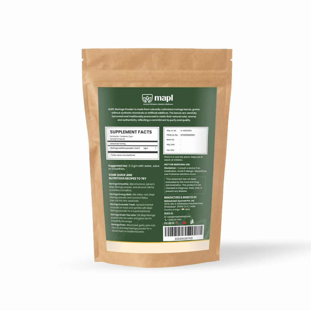 MAPL Moringa powder close-up with vibrant green leaves for versatile cooking.