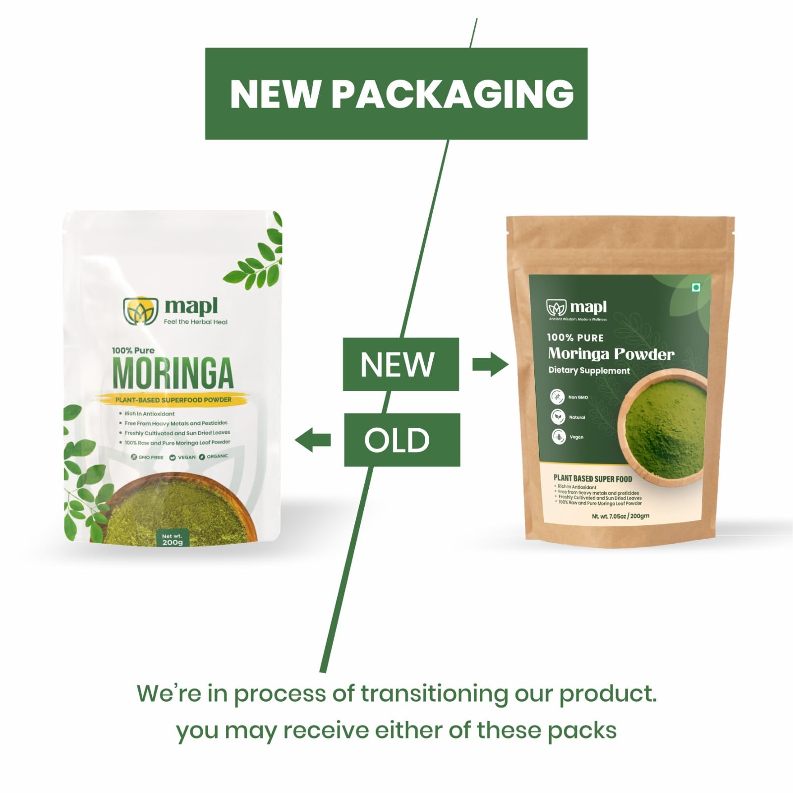 MAPL Moringa leaves from the drumstick tree illustrating natural origin and heritage.
