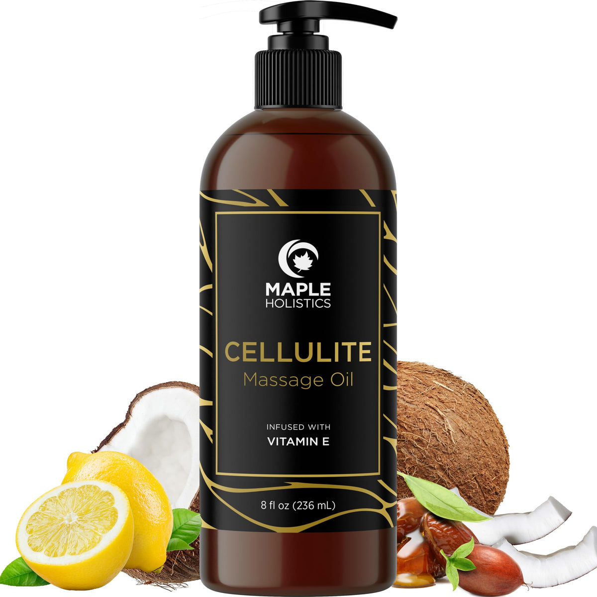 Maple Holistics anti cellulite oil bottle for targeted skin tightening