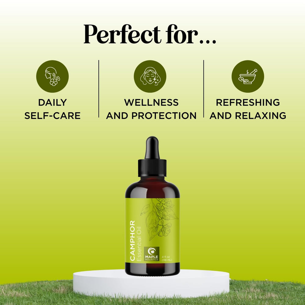 Maple Holistics camphor oil bottle for skin application with carrier oil.