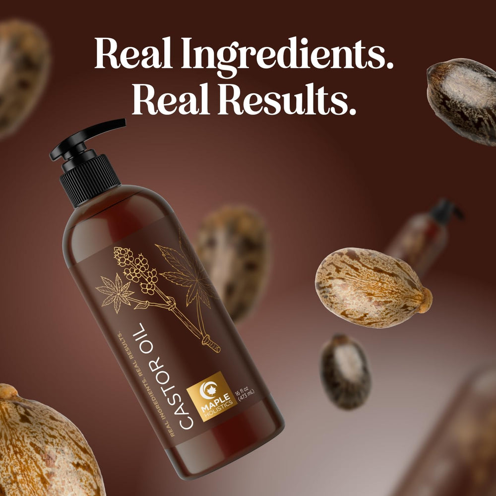 Maple Holistics Pure Castor Oil texture shown in the bottle.