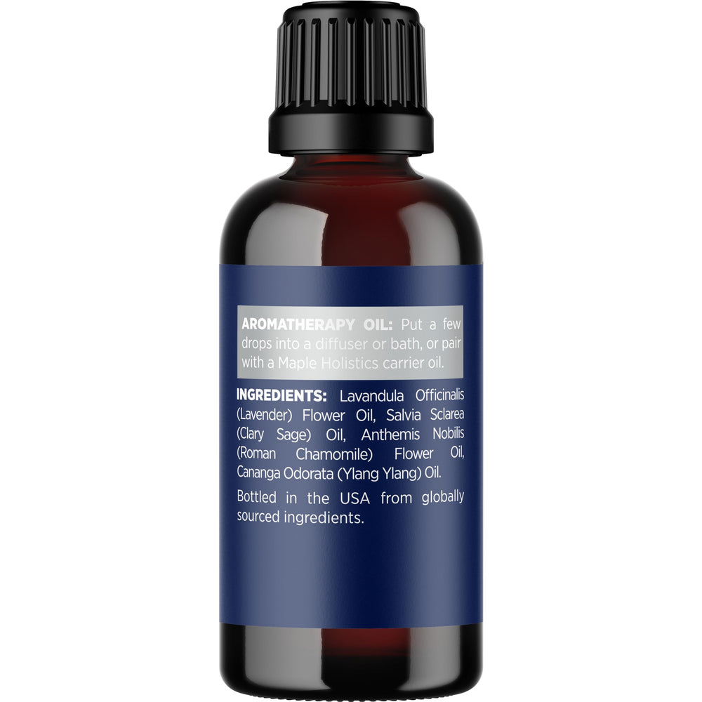 Maple Holistics Dream bottle label details with essential oil info.