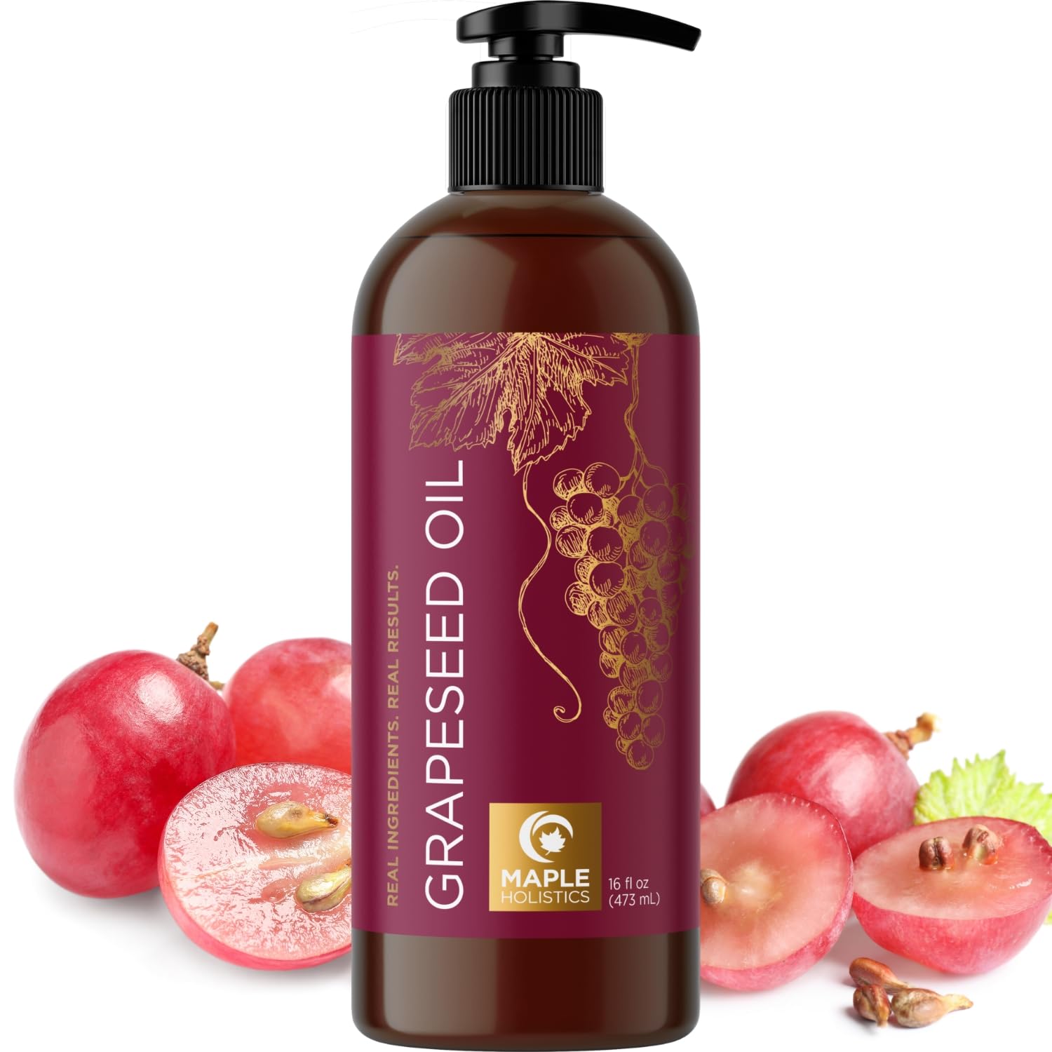 Maple Holistics grapeseed oil bottle for versatile skin and hair hydration.