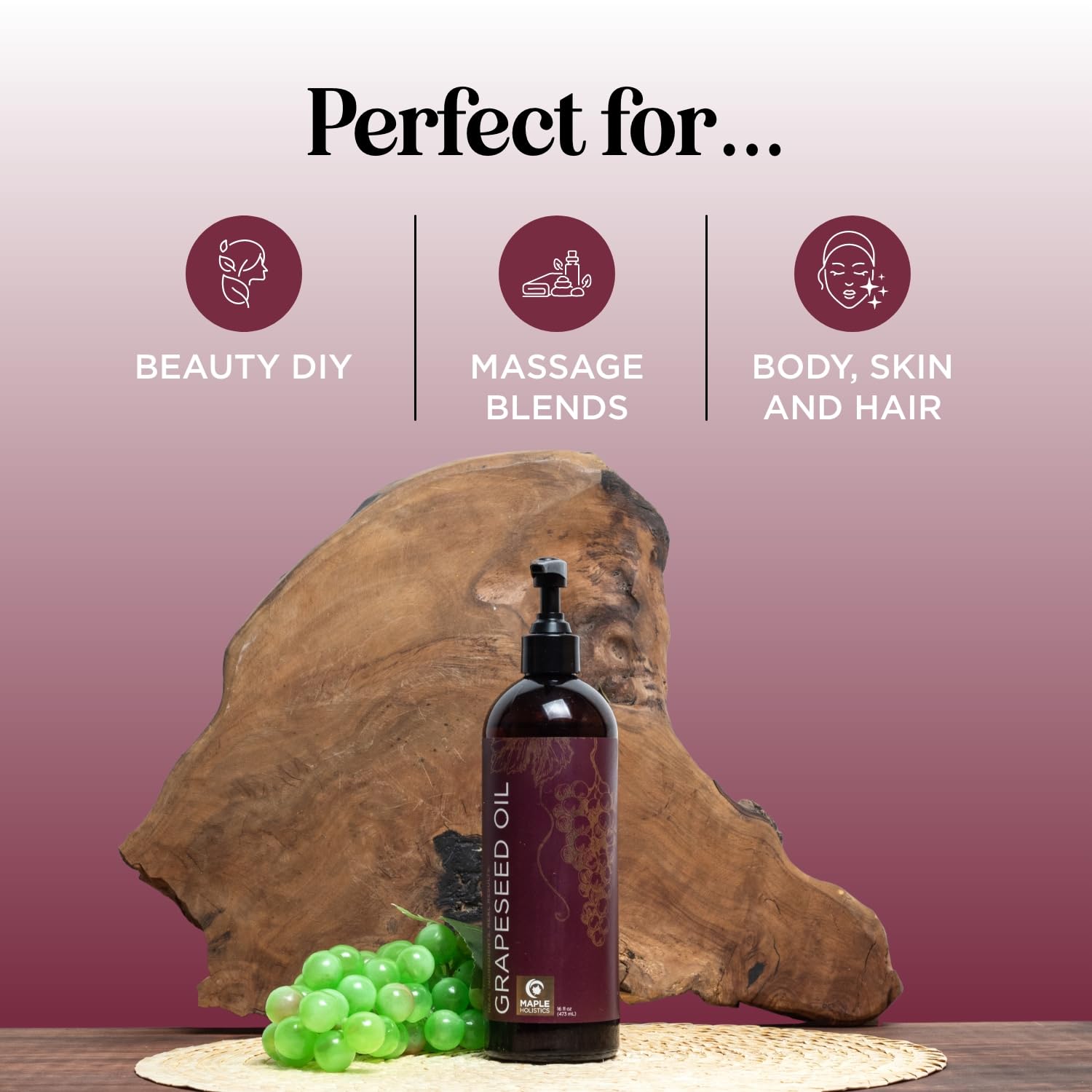 Maple Holistics grapeseed oil bottle shown for lightweight hair conditioning.