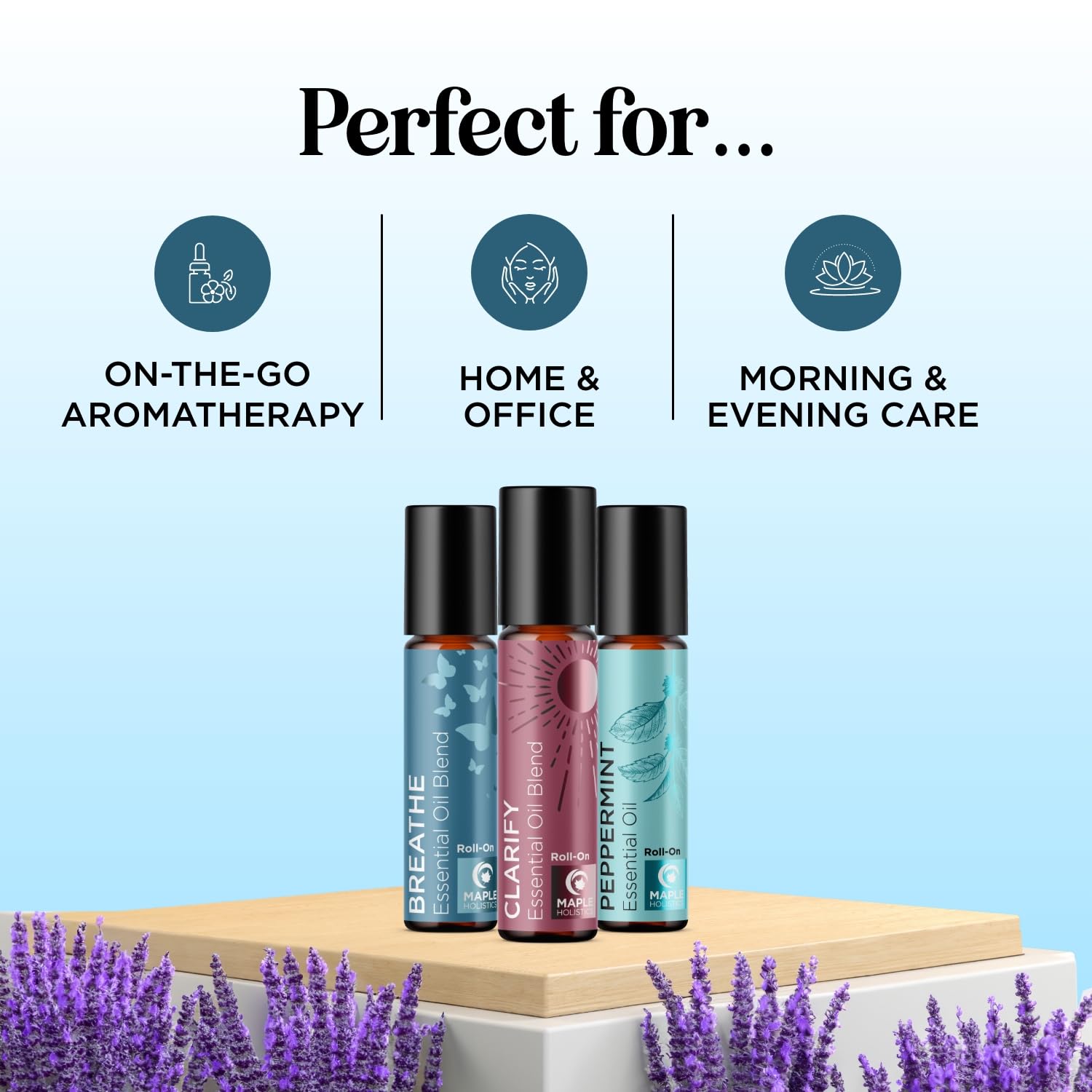 Maple Holistics peppermint roll-on tube showing cooling aroma for quick comfort