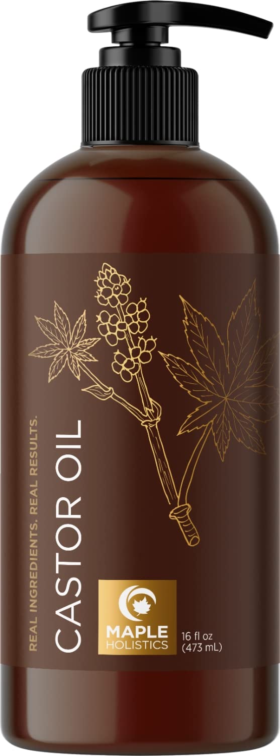 Maple Holistics Pure Castor Oil bottle supports hair care and scalp nourishment.