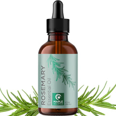 Maple Holistics rosemary oil bottle closeup shows pure essential oil for hair care and scalp care