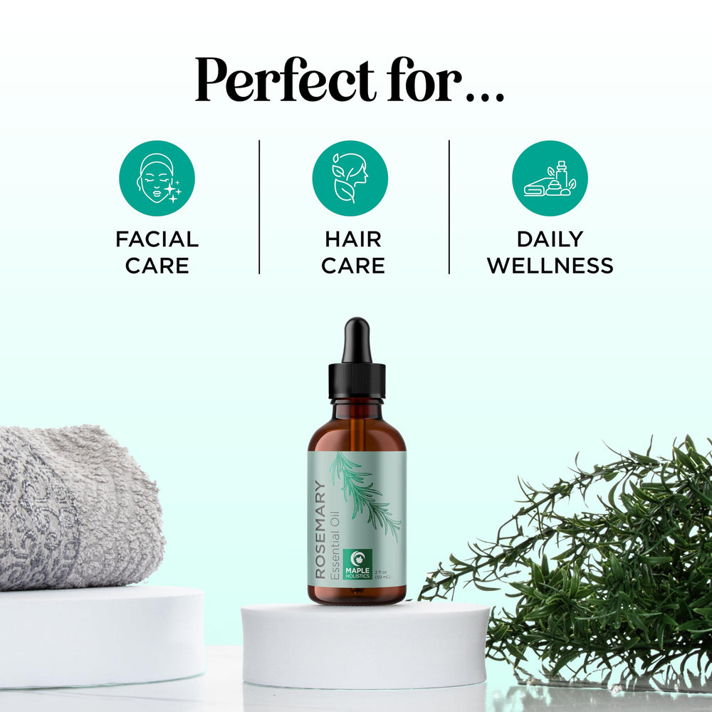 Maple Holistics rosemary oil bottle with dropper ready for hair serum application
