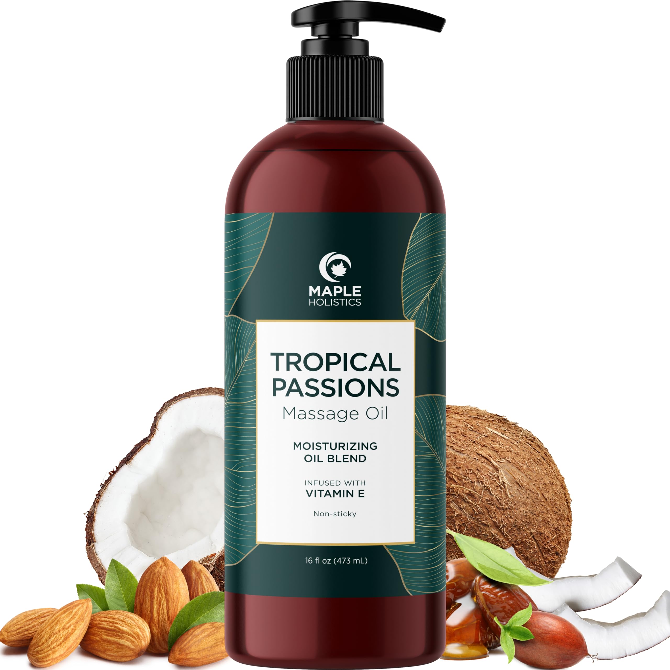 Maple Holistics tropical massage oil bottle shows smooth glide for a relaxing massage