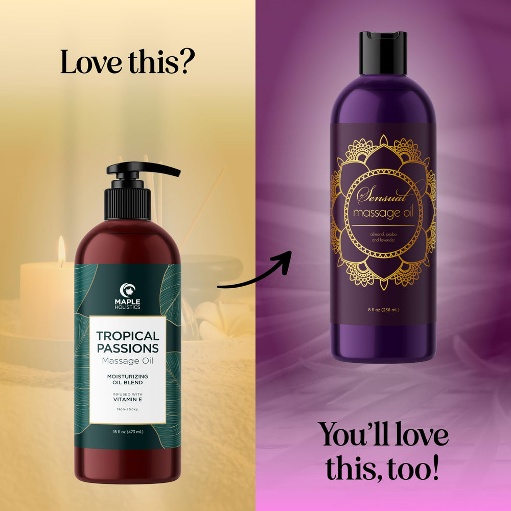 Maple Holistics vegan-gluten-free label on tropical massage oil signals suitable choice