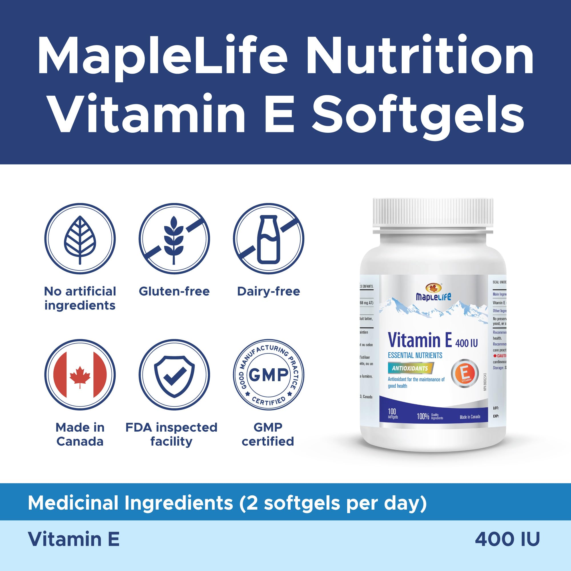 MapleLife Vitamin E 400IU bottle cap and packaging close-up