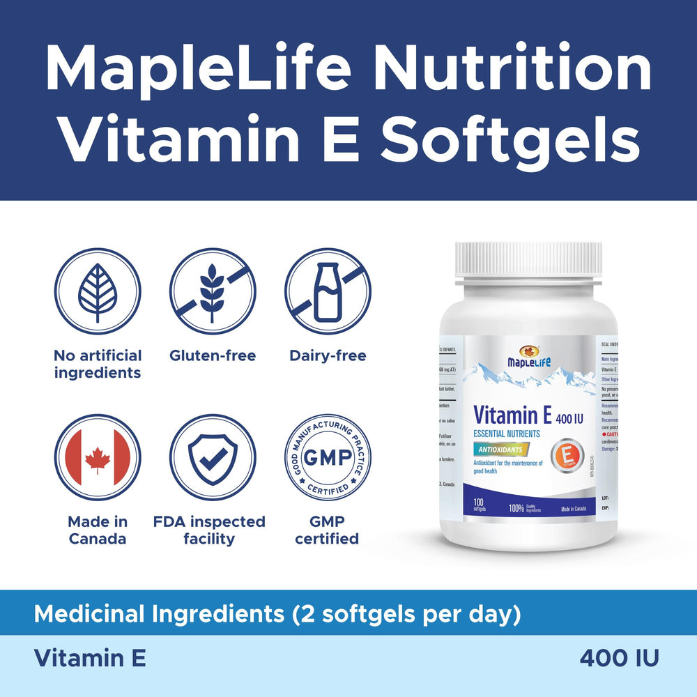 MapleLife Vitamin E 400IU bottle cap and packaging close-up