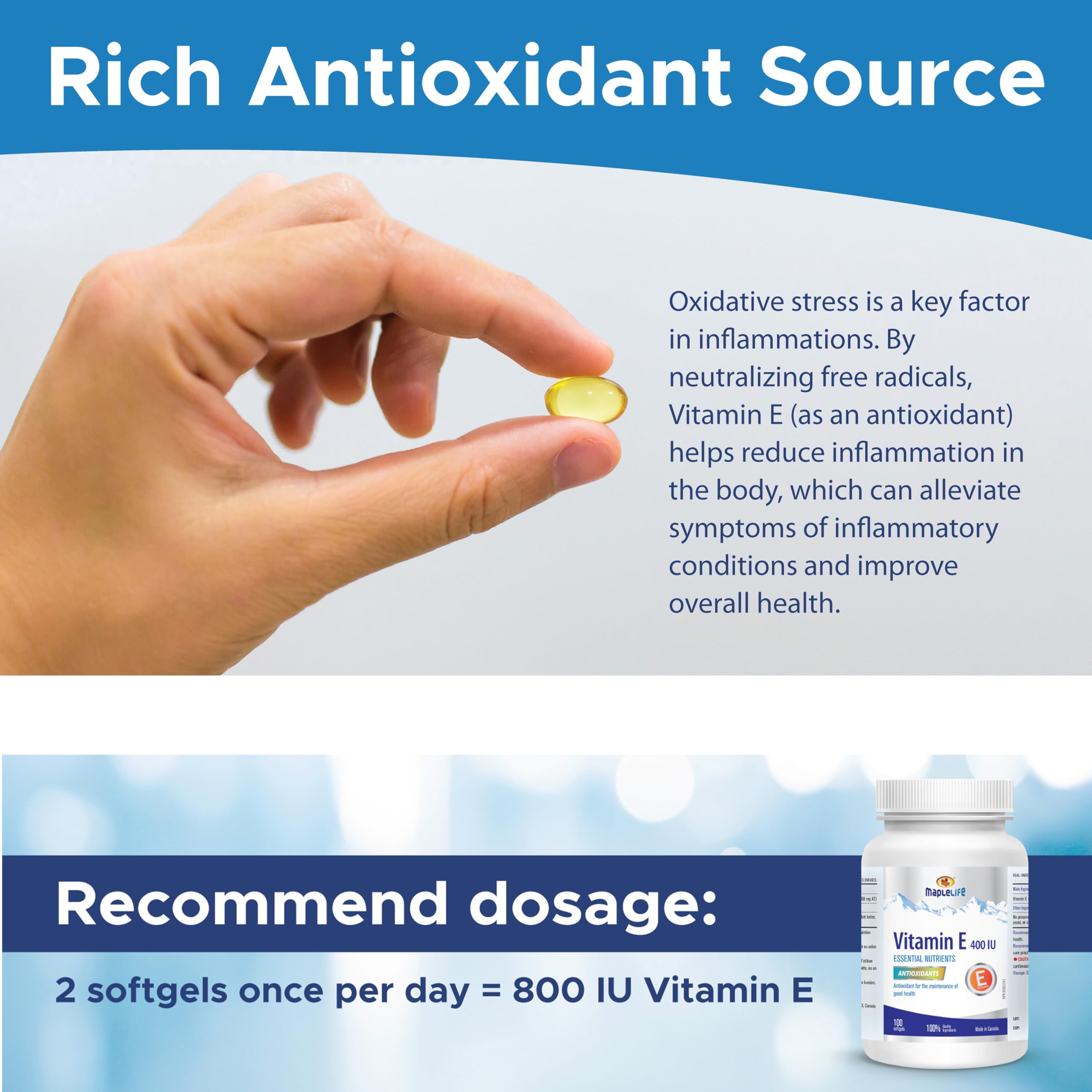 MapleLife Vitamin E 400IU bottle on kitchen counter during routine