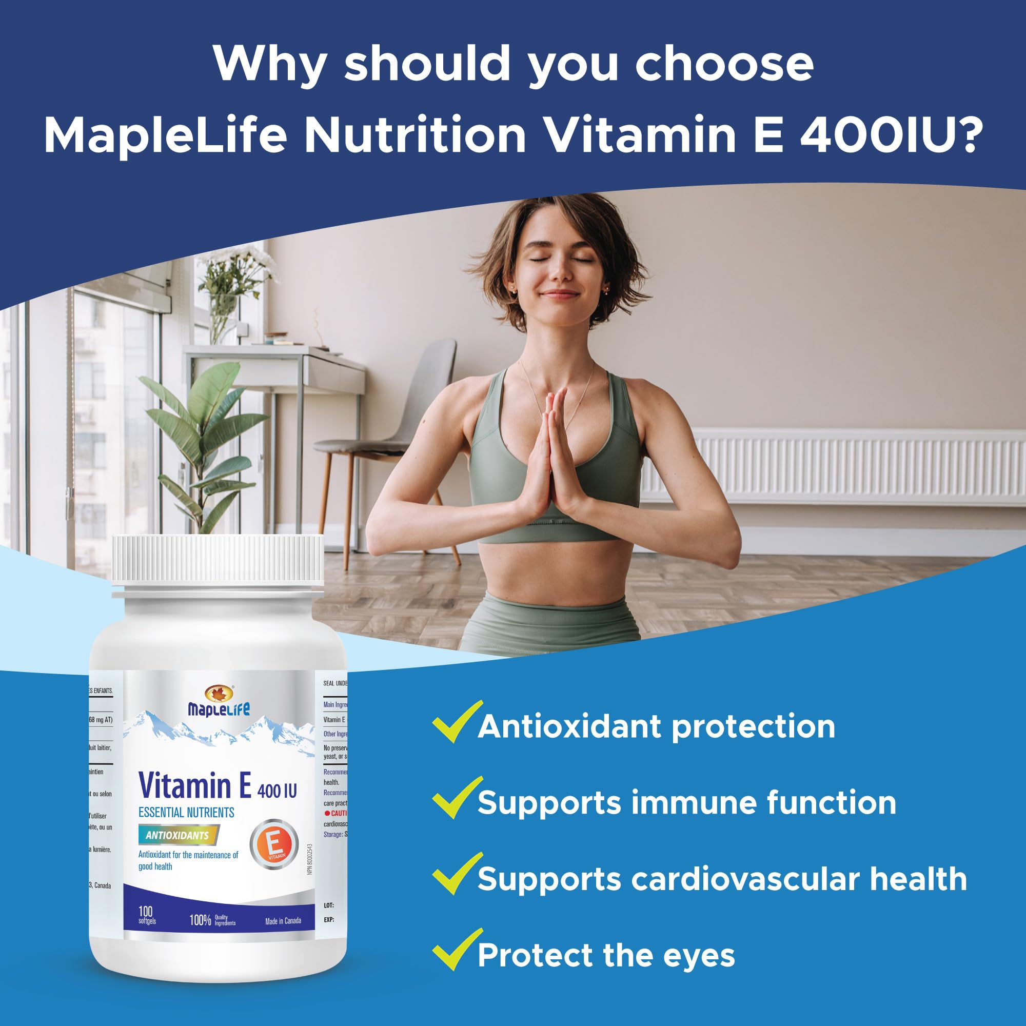 MapleLife Vitamin E 400IU bottle seal indicating Canada-made quality