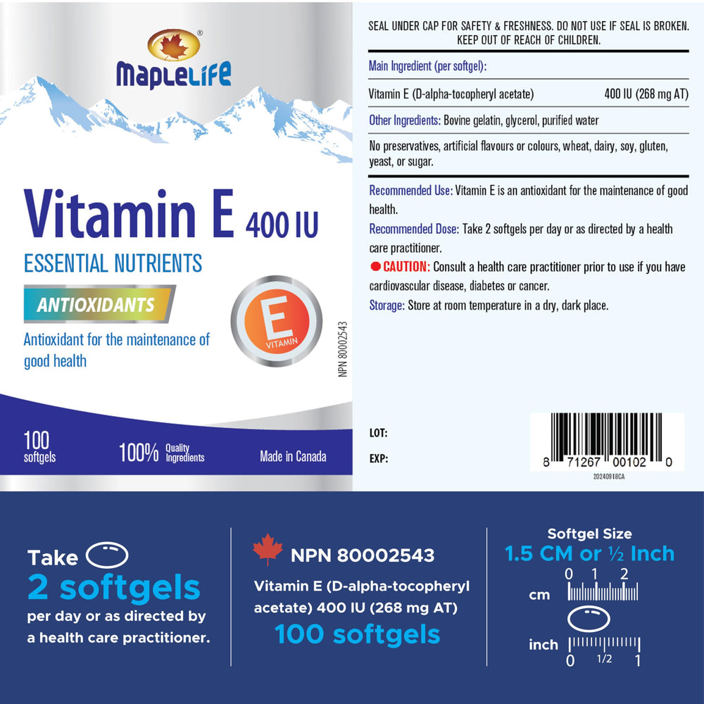 MapleLife Vitamin E 400IU bottle beside a glass of water for everyday use