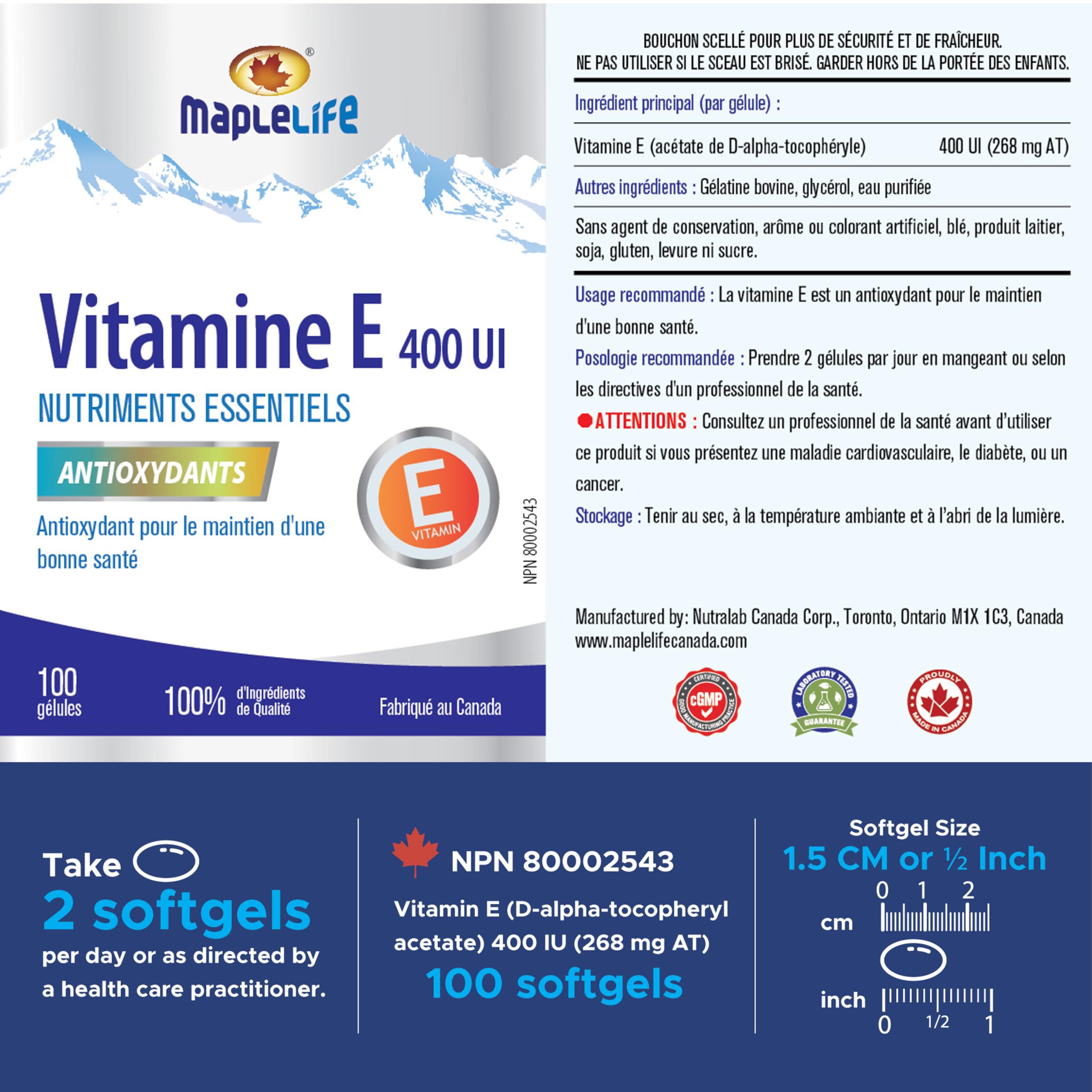 MapleLife Vitamin E 400IU natural formula label highlighting 100 softgels