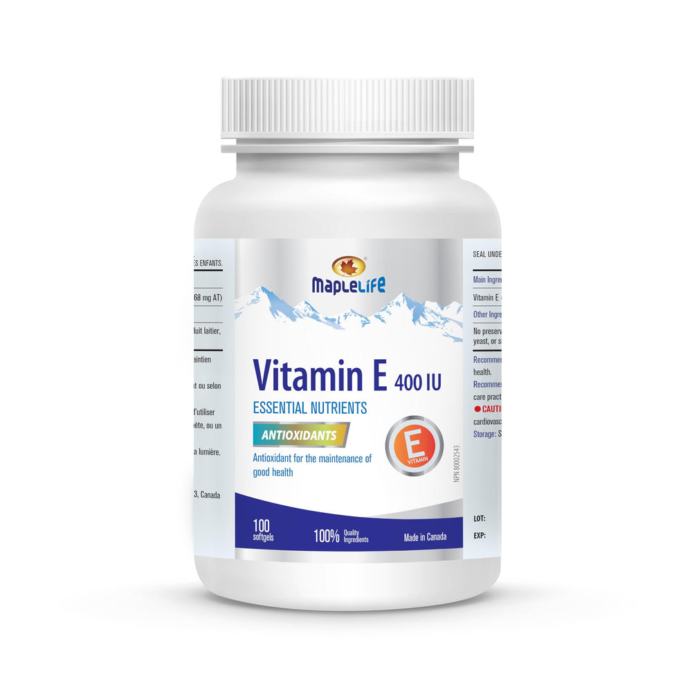 MapleLife Vitamin E 400IU softgel bottle on shelf for daily wellness