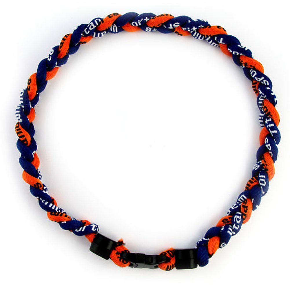 MapofBeauty tornado necklace in dark blue and orange; focus-friendly design for workouts.