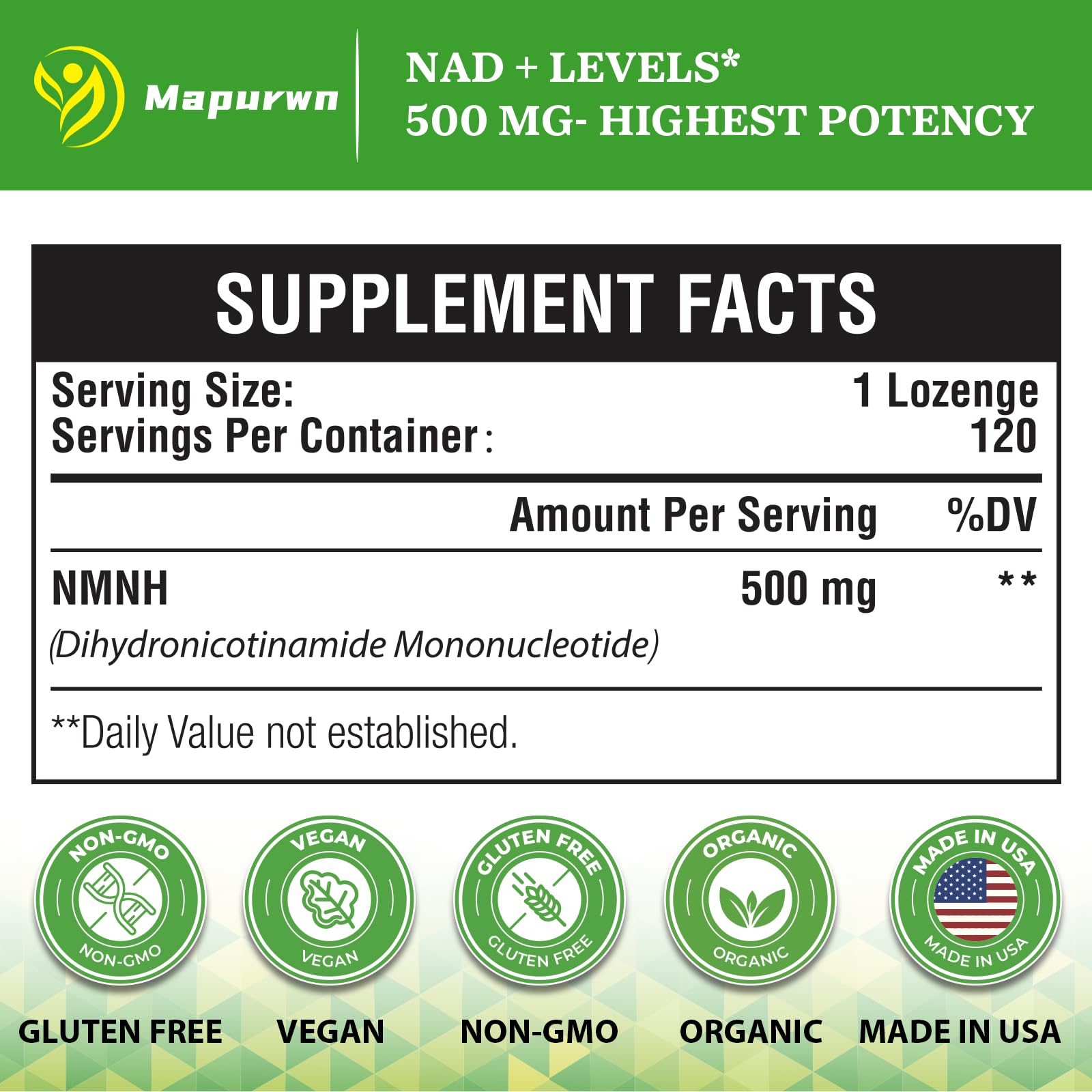 Mapurwn NMNH bottle back shows vegan, non-GMO purity and ingredients