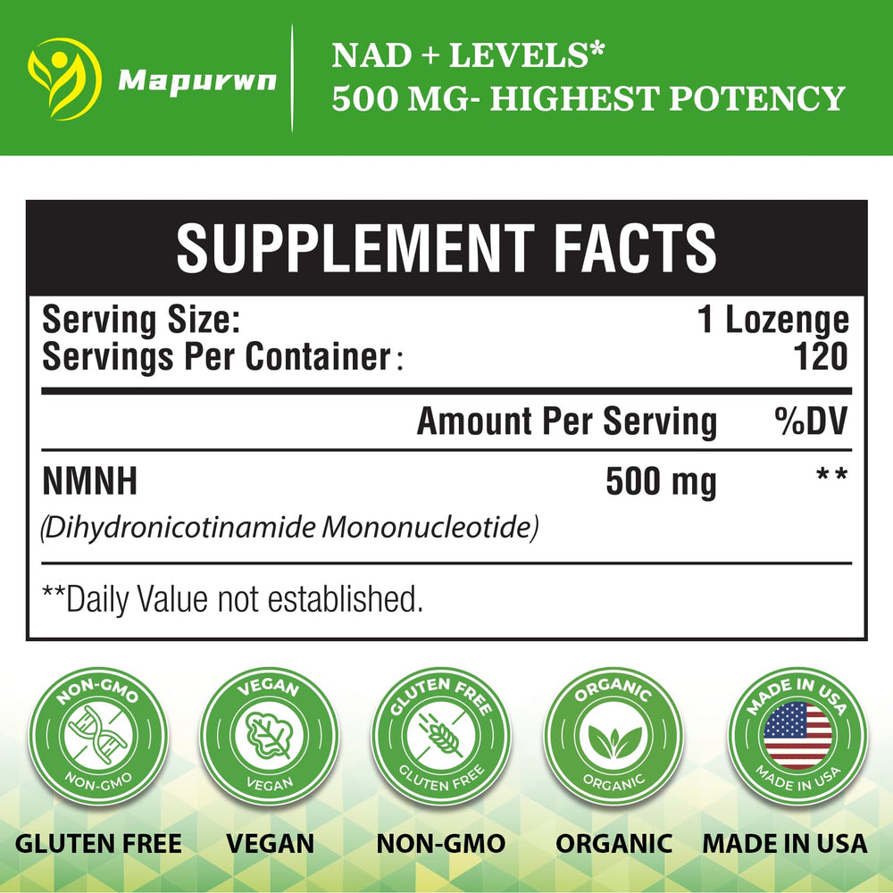 Mapurwn NMNH bottle back shows vegan, non-GMO purity and ingredients