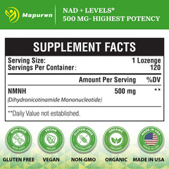 Mapurwn NMNH bottle back shows vegan, non-GMO purity and ingredients