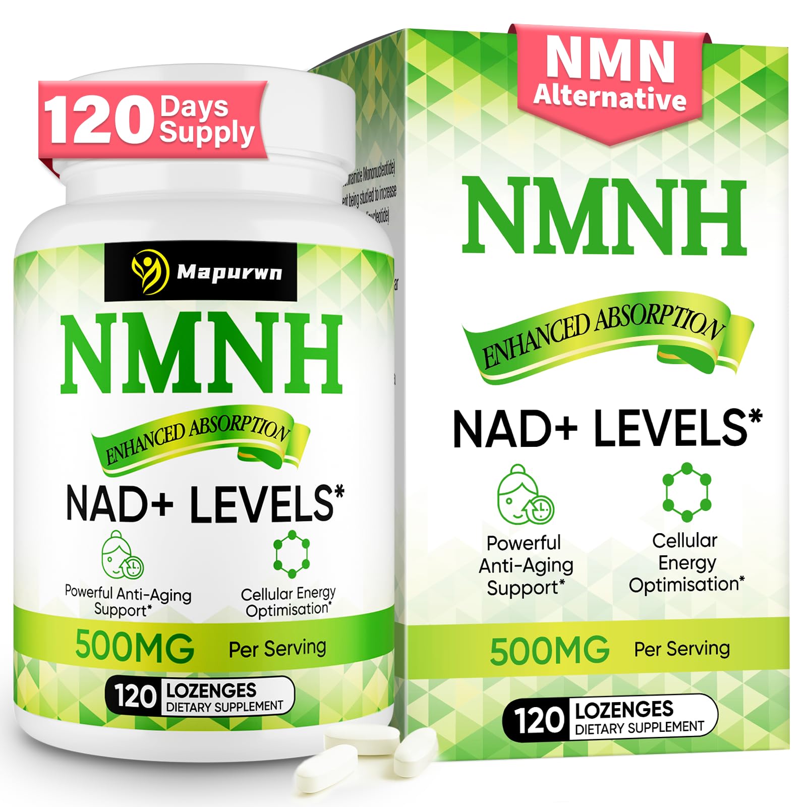 Mapurwn NMNH bottle front view highlighting NAD+ support for daily energy
