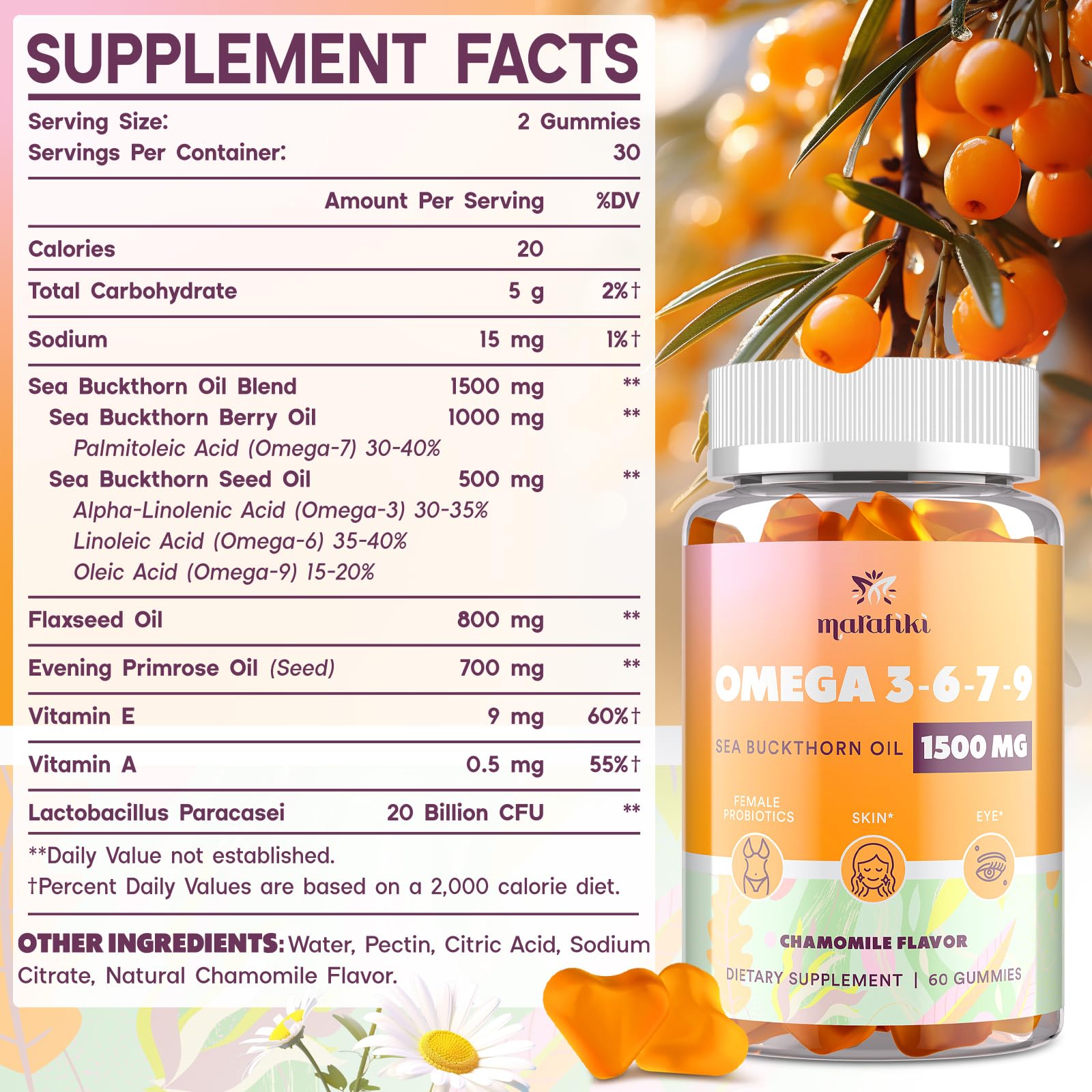 Closeup of Marafiki Omega3-6-7-9 gummies texture for an easy daily chew.