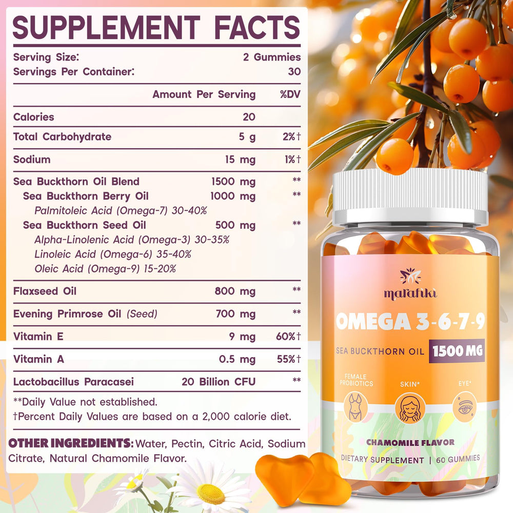 Closeup of Marafiki Omega3-6-7-9 gummies texture for an easy daily chew.