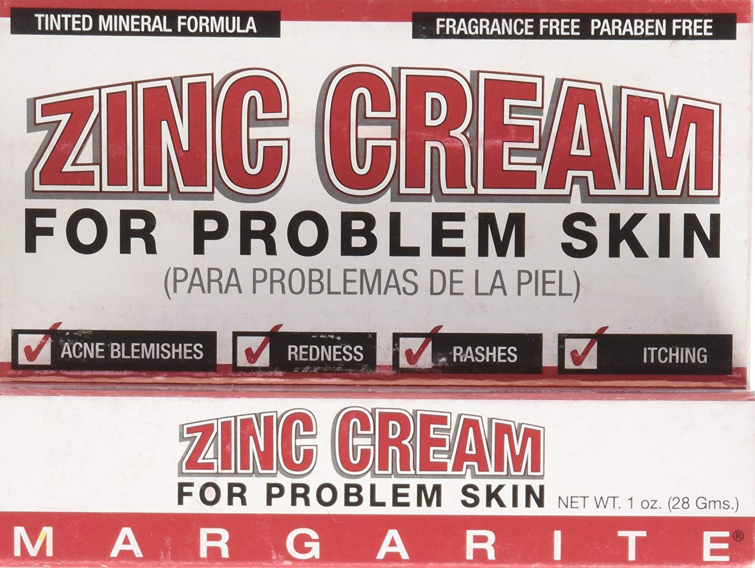 Margarite Zinc Cream 1oz tube in close-up showing soothing and concealing irritated skin.