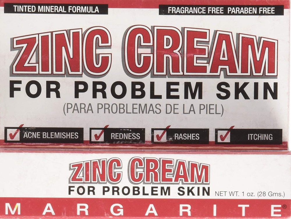 Margarite Zinc Cream 1oz tube in close-up showing soothing and concealing irritated skin.