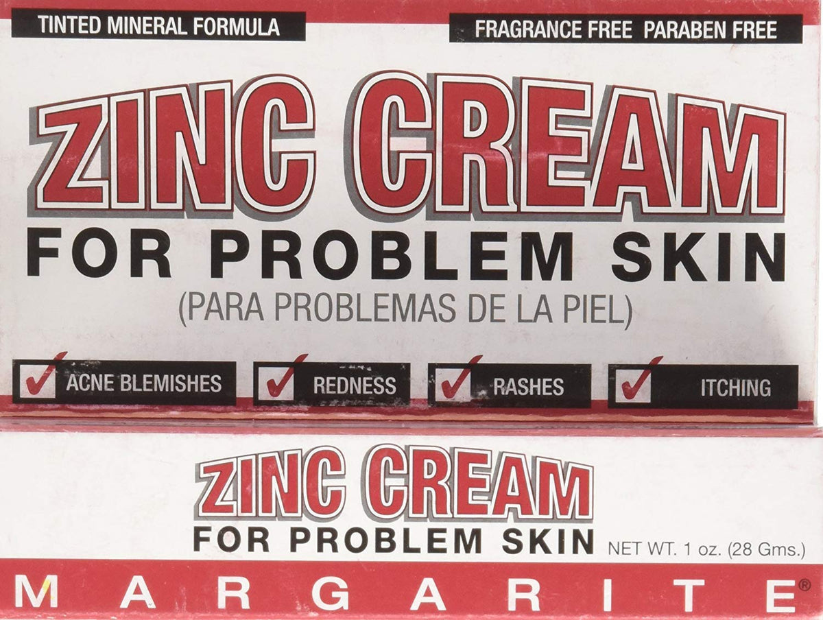 Margarite Zinc Cream 1oz tube in close-up showing soothing and concealing irritated skin.