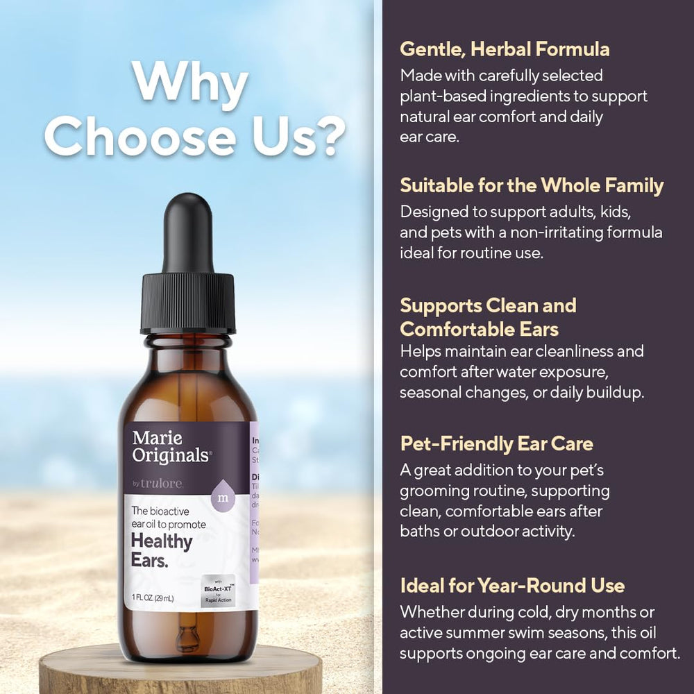 Dropper applying Marie Originals ear oil drops to the ear for minor discomfort.
