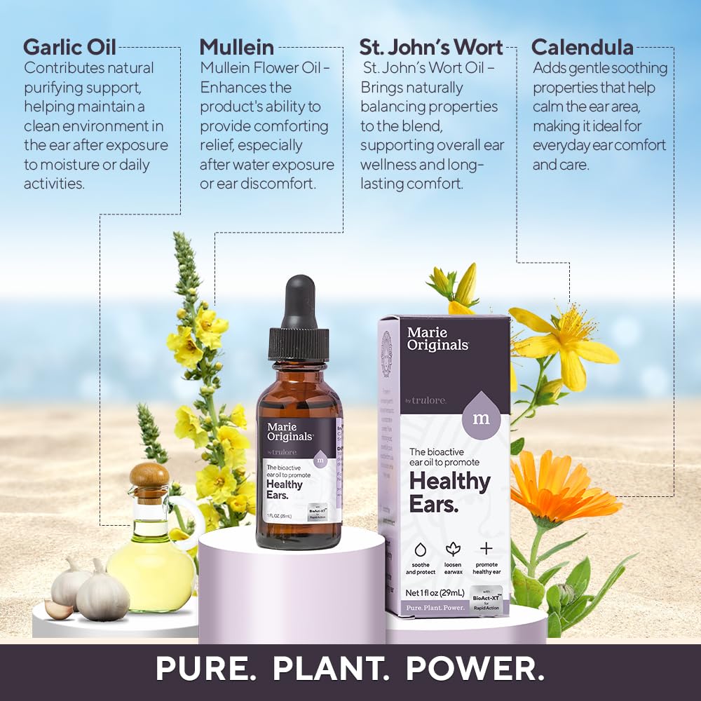 Marie Originals ear oil drops with calendula and mullein for soothing comfort.