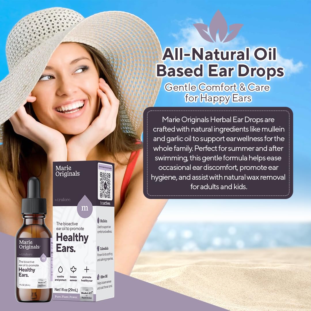 Marie Originals packaging shows herbal ear oil for preventive care.