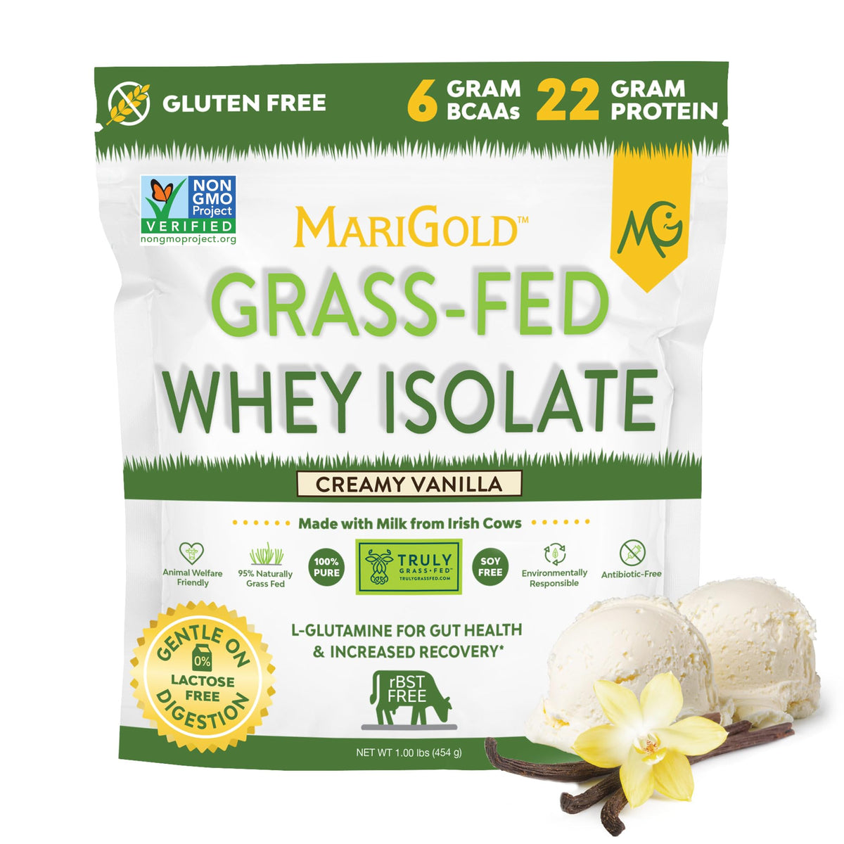 MariGold whey protein isolate vanilla bag highlights grass-fed source for shakes