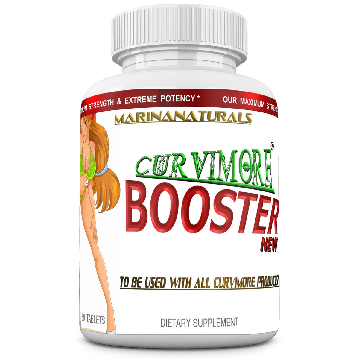 MARINANATURALS CURVIMORE BOOSTER bottle illustrating a compact, skin-tightening formula for enhanced curves.