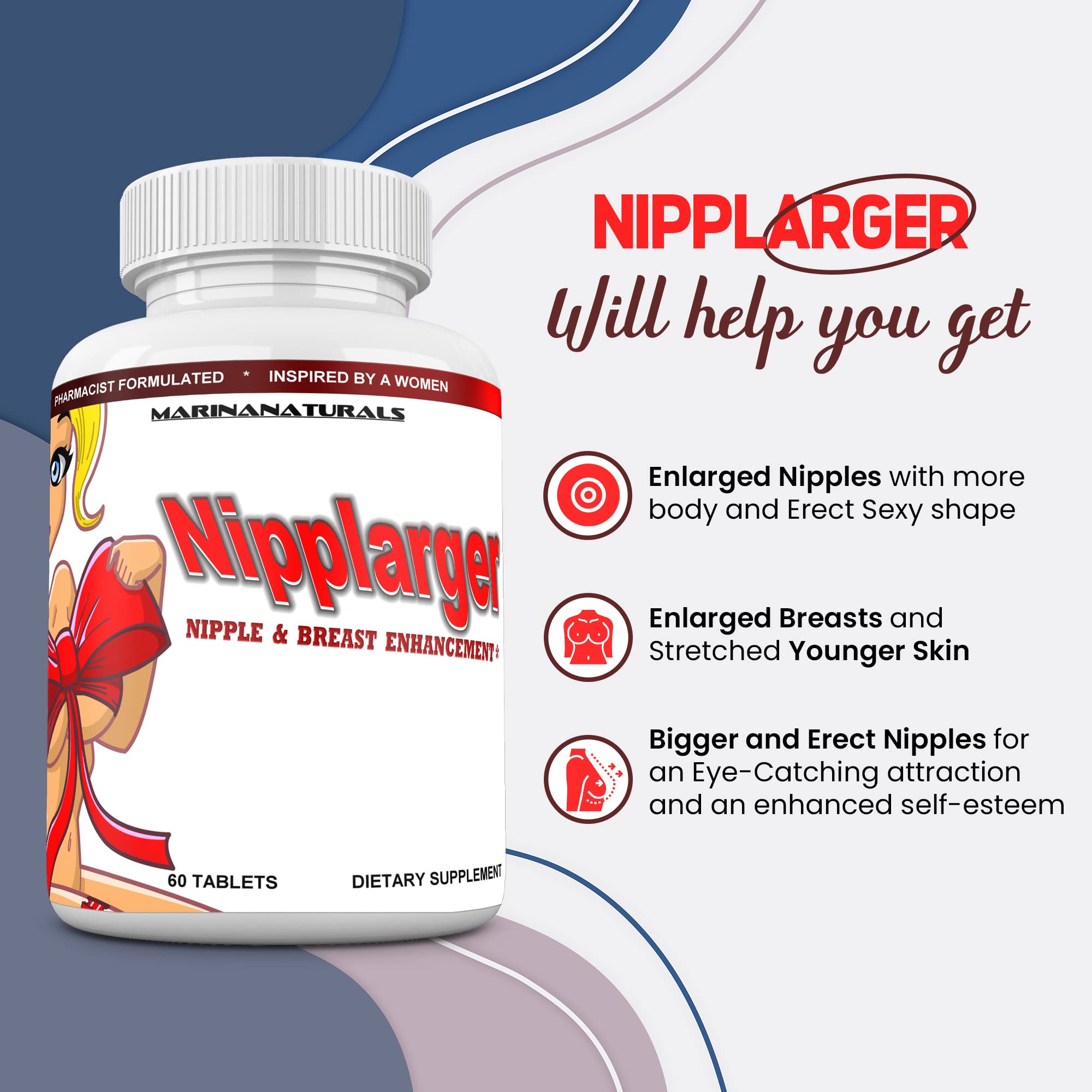 MARINANATURALS Nipplarger ingredients label emphasizes biotin and collagen support.