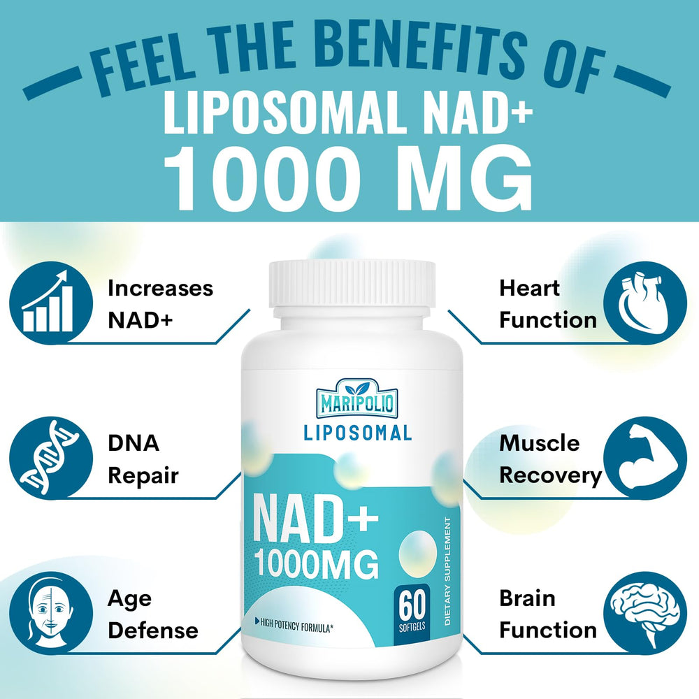 Lifestyle shot shows a glass of water with Maripolio NAD+ bottle.