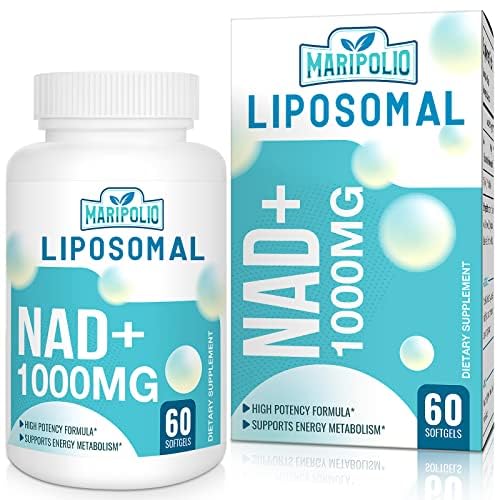 Maripolio Liposomal NAD+ 1000 mg bottle shows 60 softgels for daily energy support.
