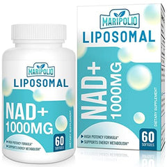 Maripolio Liposomal NAD+ 1000 mg bottle shows 60 softgels for daily energy support.
