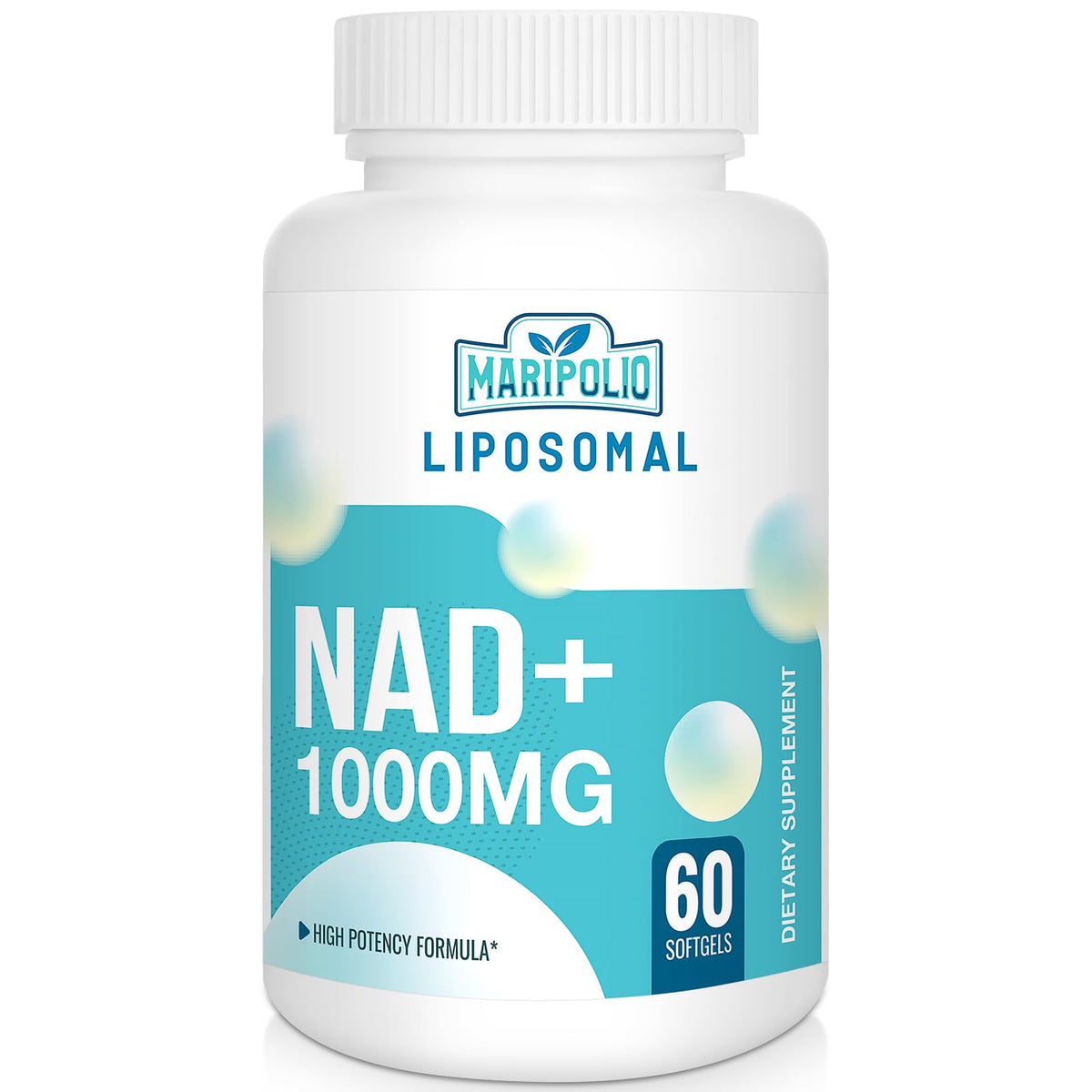 Maripolio Liposomal NAD+ bottle shows 60 softgels for daily energy support