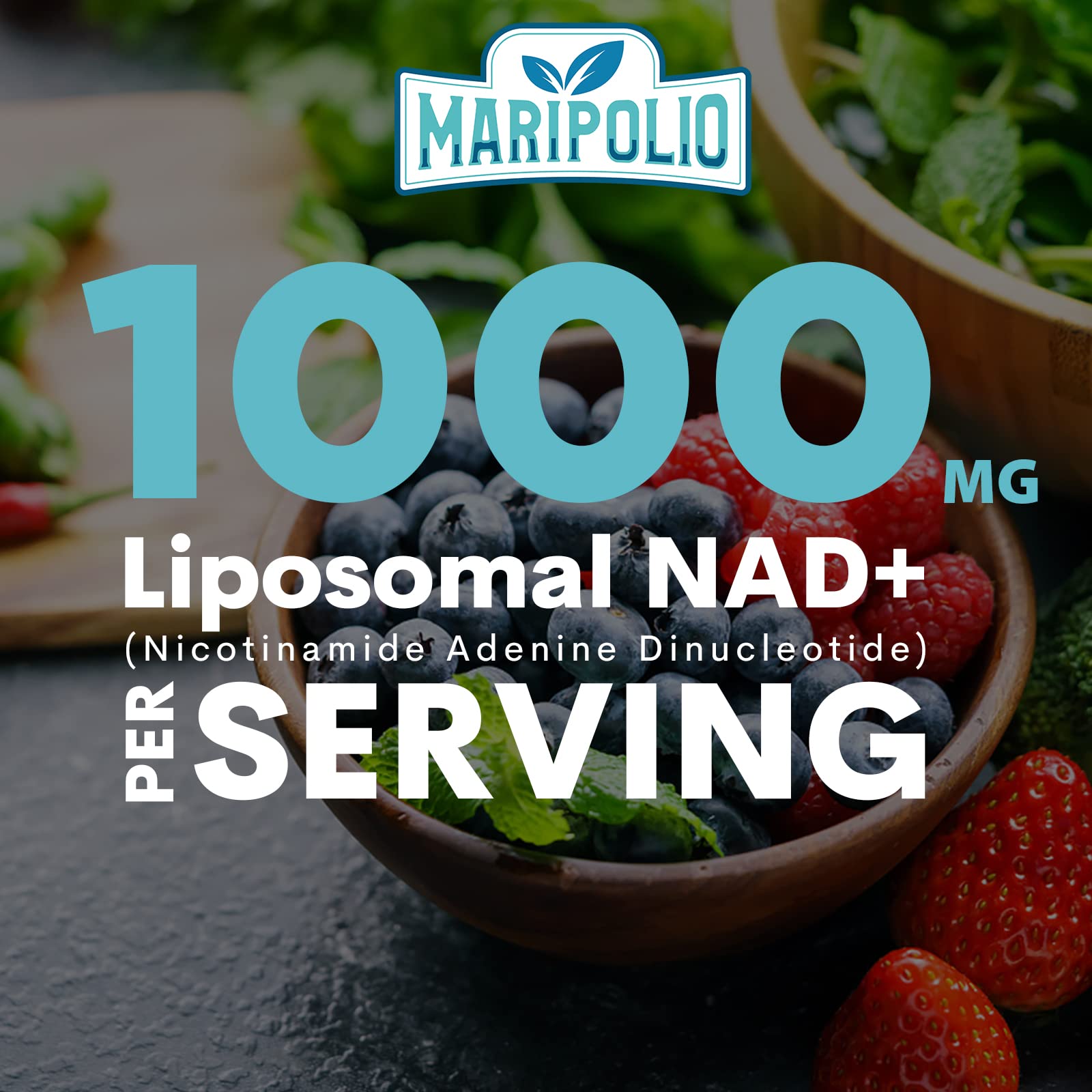 Maripolio Liposomal NAD+ closeup reveals glossy capsules and vibrant branding