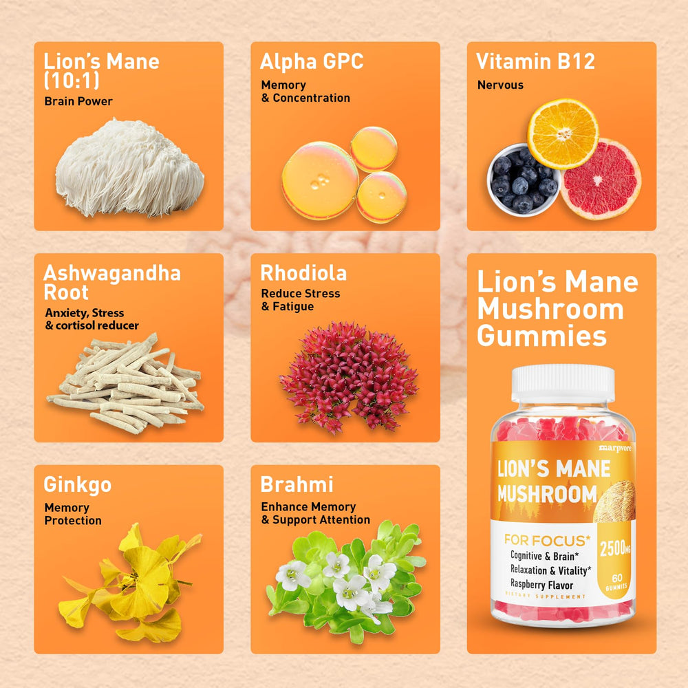 Marpvore Lions Mane Gummies alpha-gpc closeup suggests cognitive clarity potential