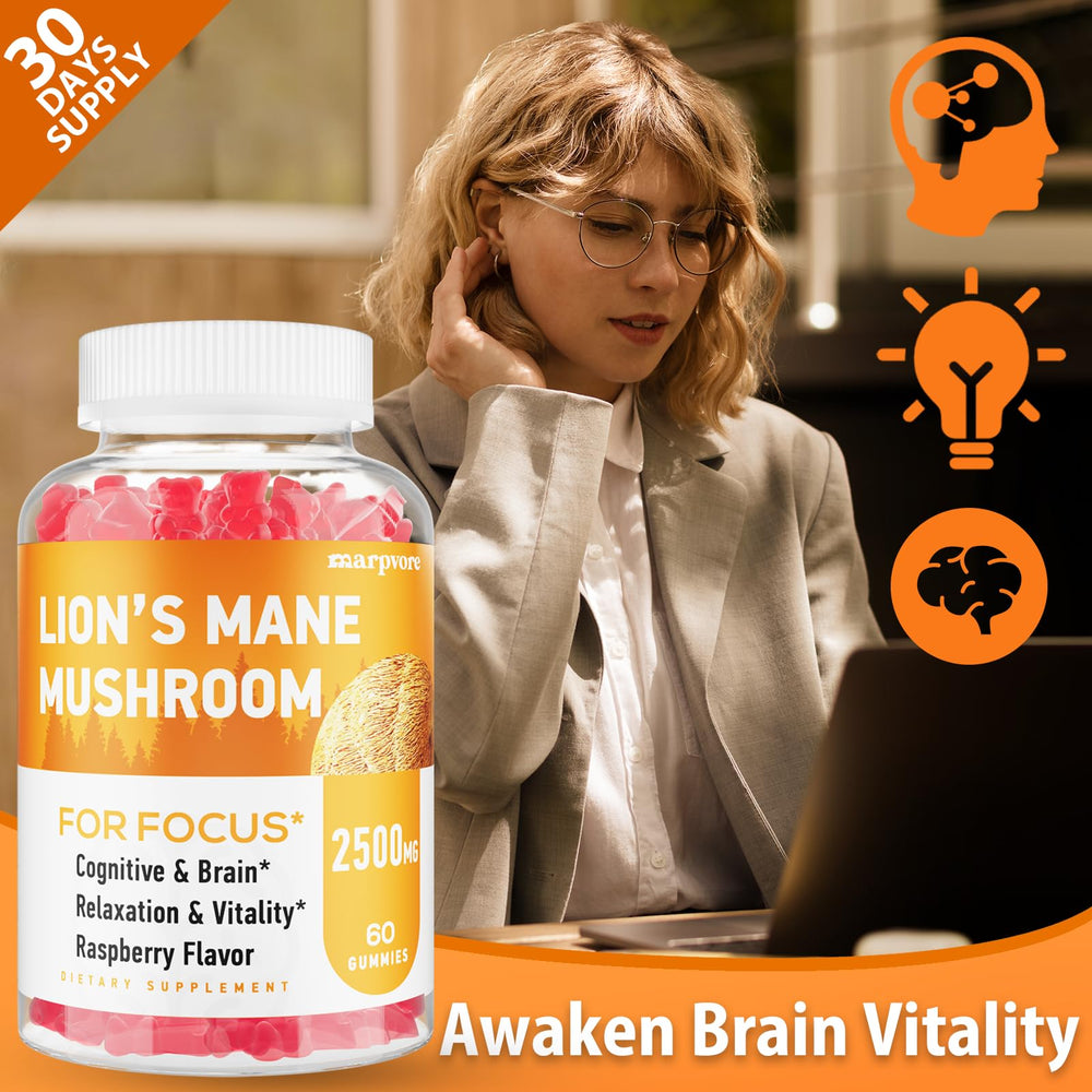 Marpvore Lions Mane Gummies packaging highlights vegan-friendly formulation