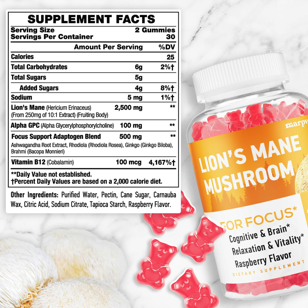 Marpvore Lions Mane Gummies raspberry closeup highlights tasty, caffeine-free focus option