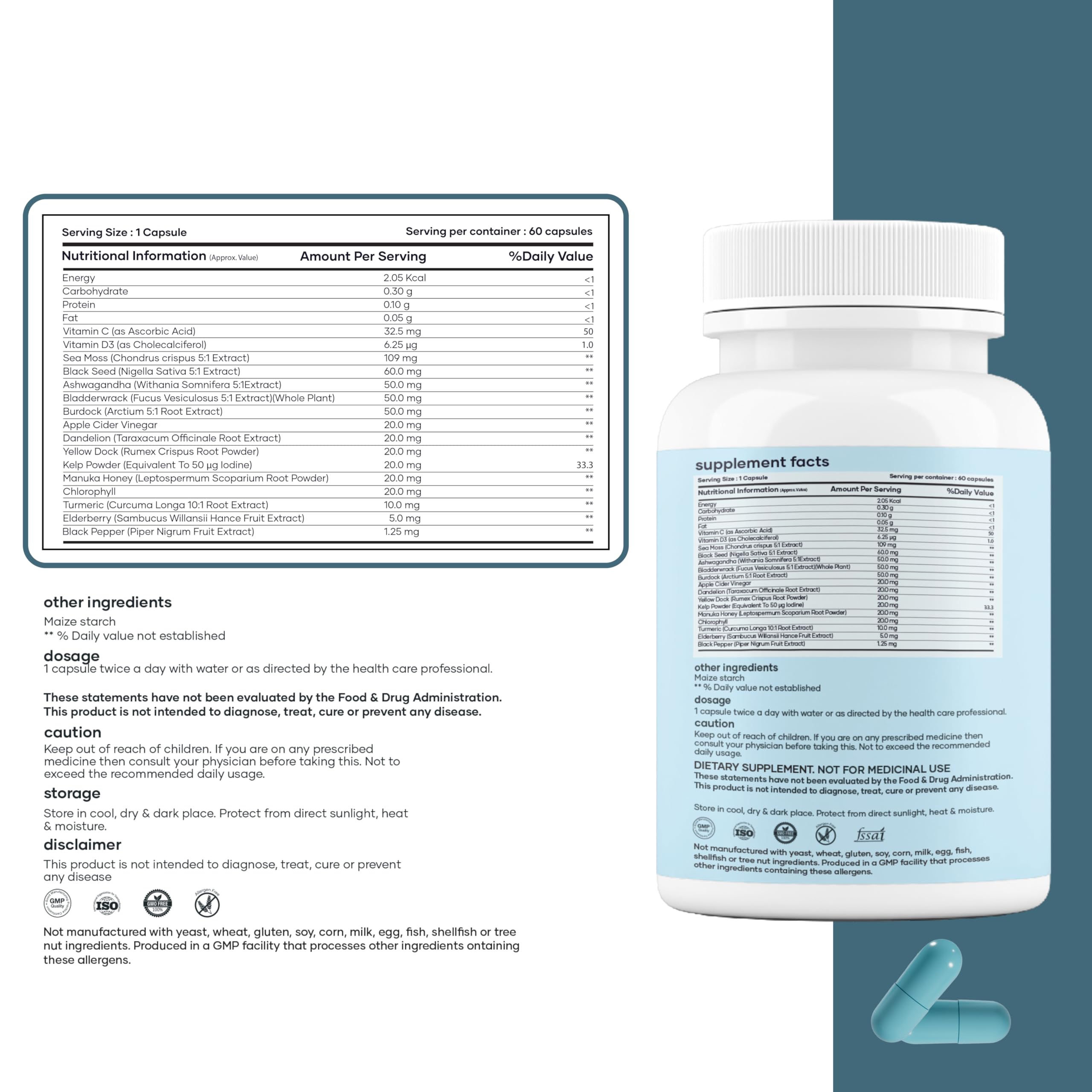 Mars by GHC Mars Sea Moss Caps label: highlights 84 minerals and ingredients at a glance.