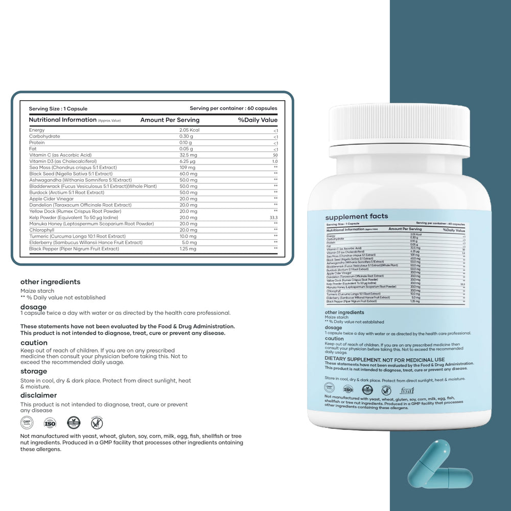 Mars by GHC Mars Sea Moss Caps label: highlights 84 minerals and ingredients at a glance.