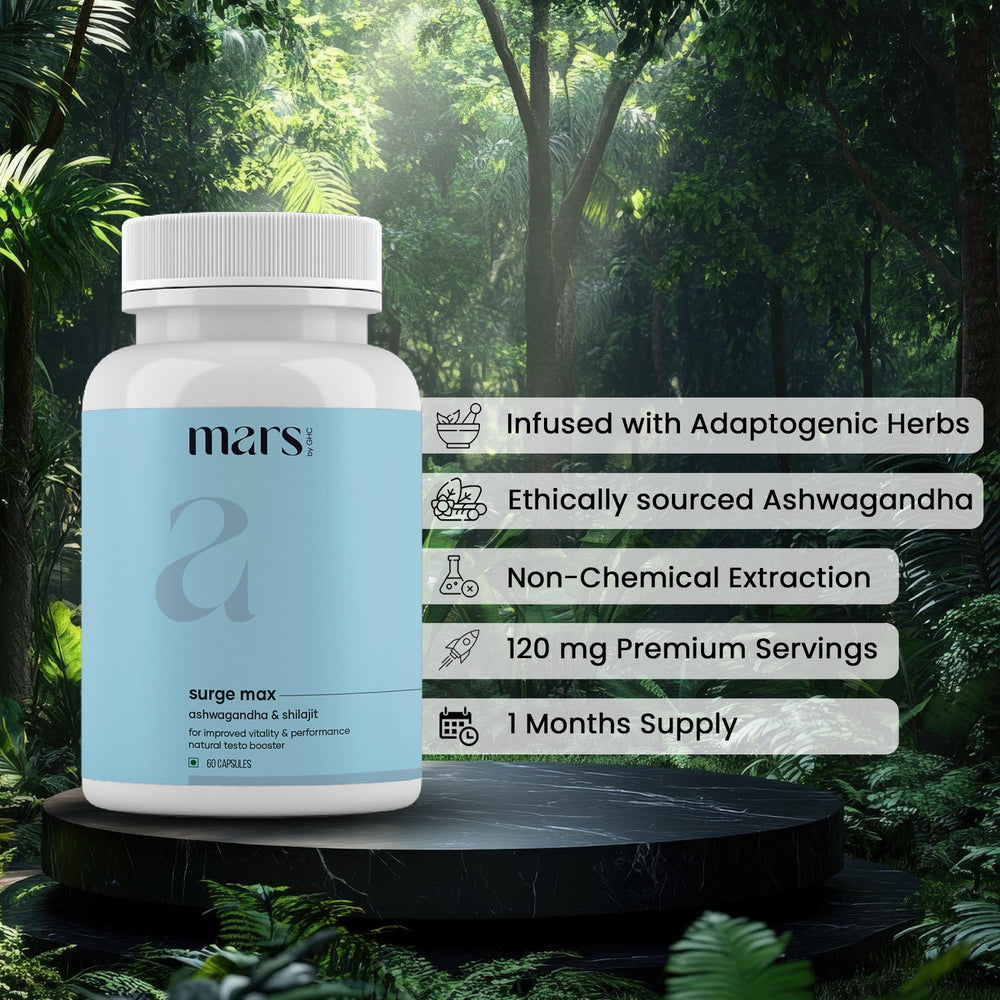 Mars by GHC Natural Surge Max capsules close-up highlights a pure herbal formula for vitality.
