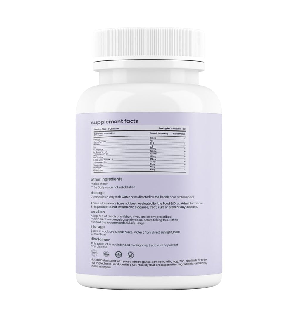 Mars by GHC Nitric Oxide Capsules back label shows ingredients like L-Arginine and L-Citrulline.
