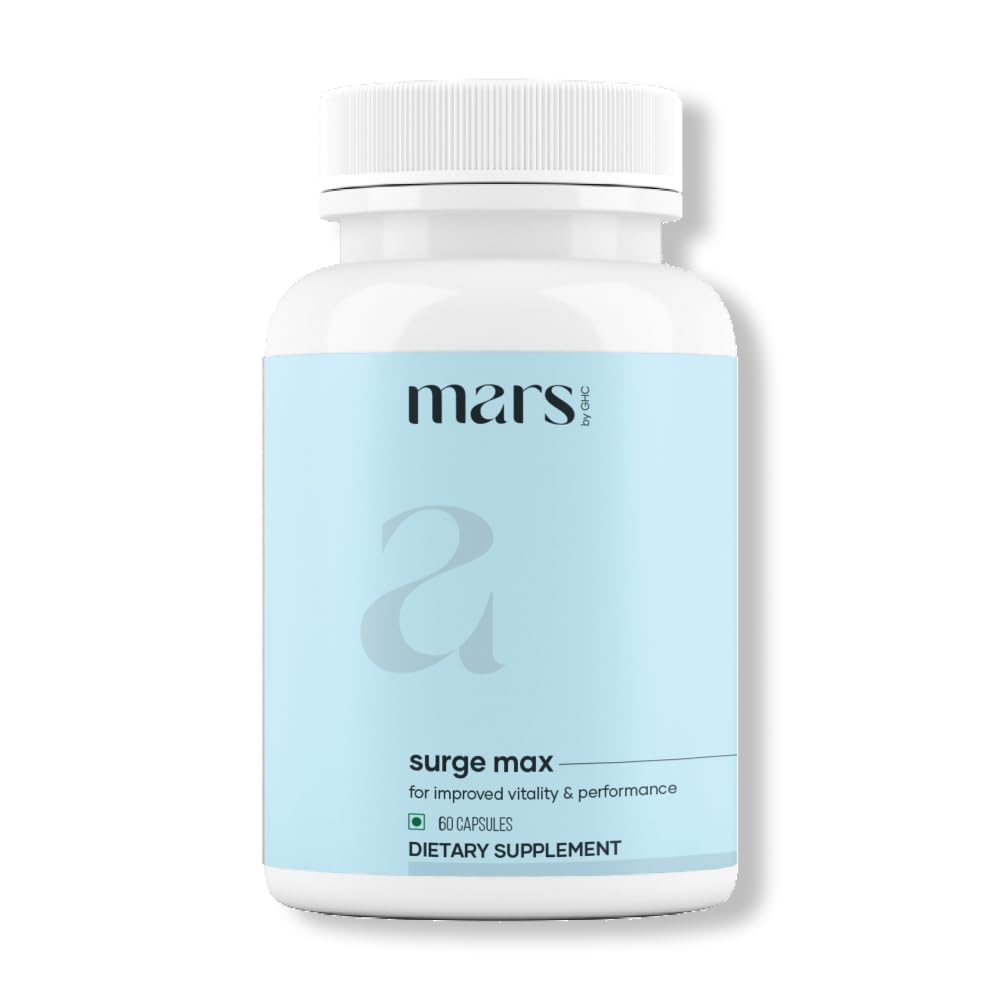 Mars Surgemax bottle closeup shows natural capsules for daily energy support